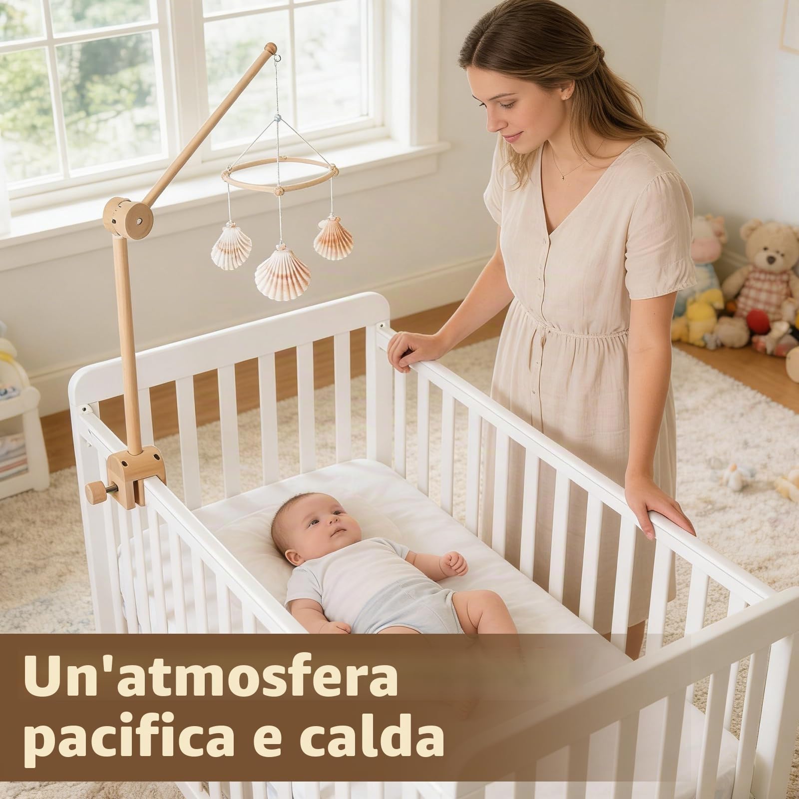 Supporto Regolabile in Legno per Lettino, Supporto Mobile per Culla Neonato, Gancio Rimovibile Giostrina, Altezza Regolabile, Adatto Cameretta Bambini e Fasciatoio, Decorazione Giocattoli