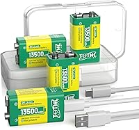 Vista 1 de Paquete de 4 baterías de 9 V para detector de humo, baterías recargables USB de 9 V – 13500 mWh de larga duración de iones de litio de 9 voltios