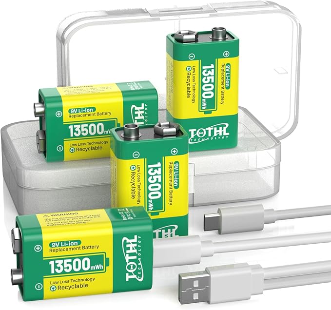 4-Pack 9V Battery for Smoke Detector,USB Rechargeable 9V Batteries - 13500mWh Long Lasting LI-ion 9 Volt Batteries with USB-C Charging Cable - Quick Charge in 1.5 Hours