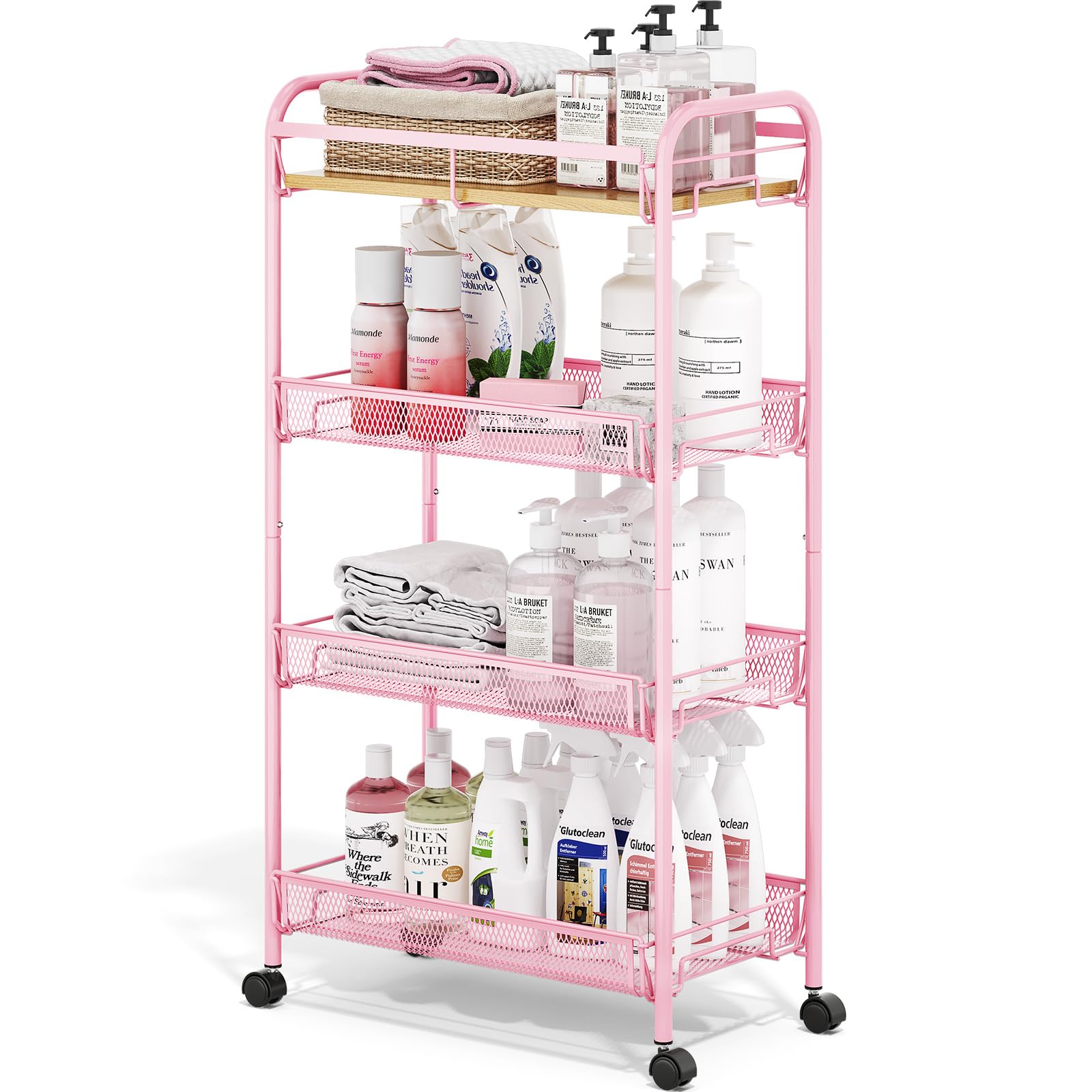 KINGRACK 4-Tier Narrow Kitchen Trolley with Wheels, Wooden Top  Sliding Baskets, Metal Rolling Cart for Tight Spaces in Kitchen, Bathroom, Dorm  Bedroom, Black