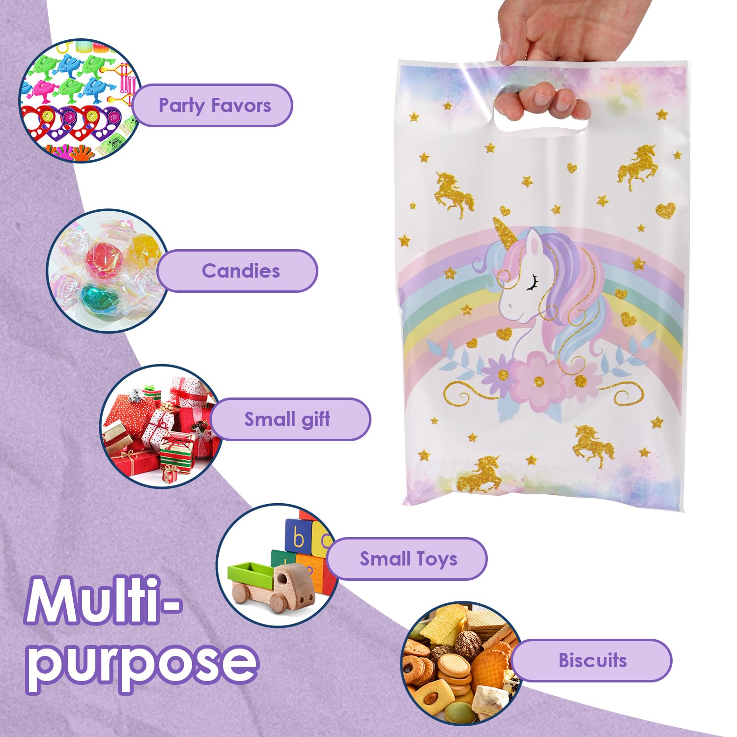 50 Pcs Unicorn Party Favor Bags with Handles - Plastic Treat Bags for Candy & Small Gifts, Bulk Supplies for Wedding Baby Shower Goodie Bags, Holiday Gift Bags for Thanksgiving Halloween Christmas New Years, Birthday Party Decorations