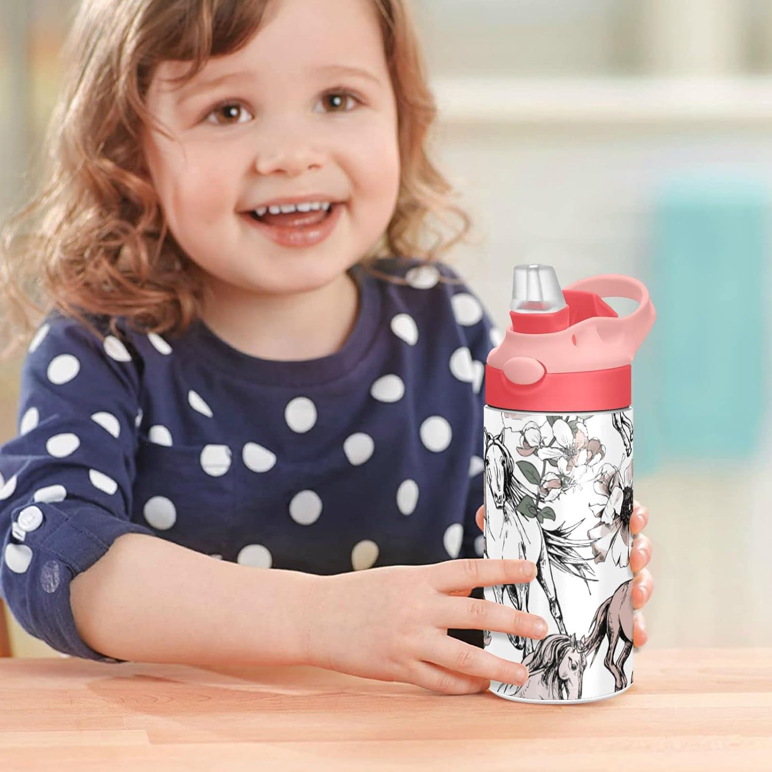 Flowers and Horses Kids Water Bottle, Insulated Stainless Steel Water Bottles with Straw Lid, 12 oz BPA-Free Leakproof Duck Mouth Tumbler for Boys Girls - Image 7