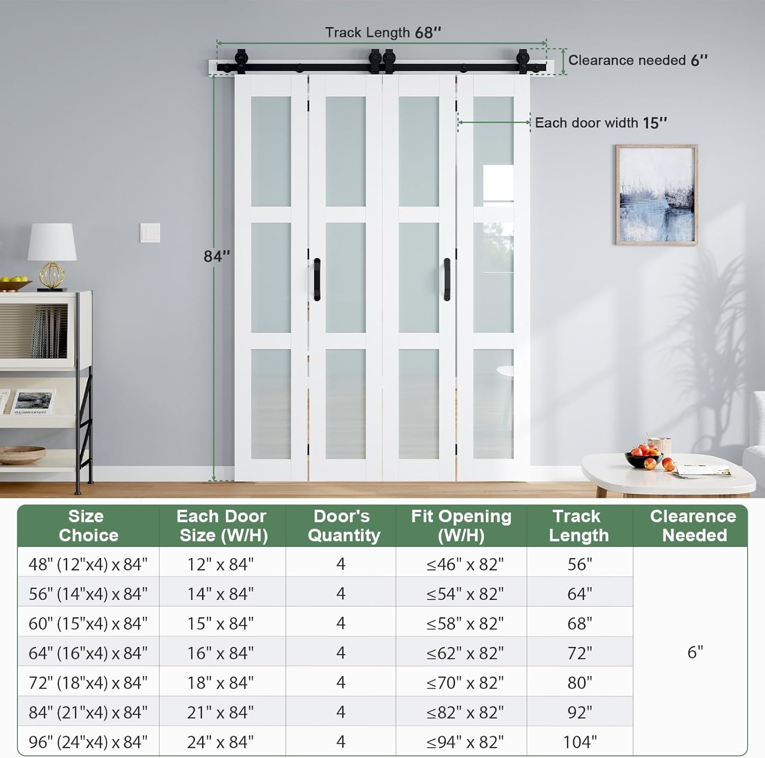 Bifold Barn Door 60x84 Inch (Four 15x84), White Frosted Glass Bifolding Doors with 68" Hardware Kit Included, Closet Sliding Wood Panel Slab, Save Space, Simple DIY Assembly