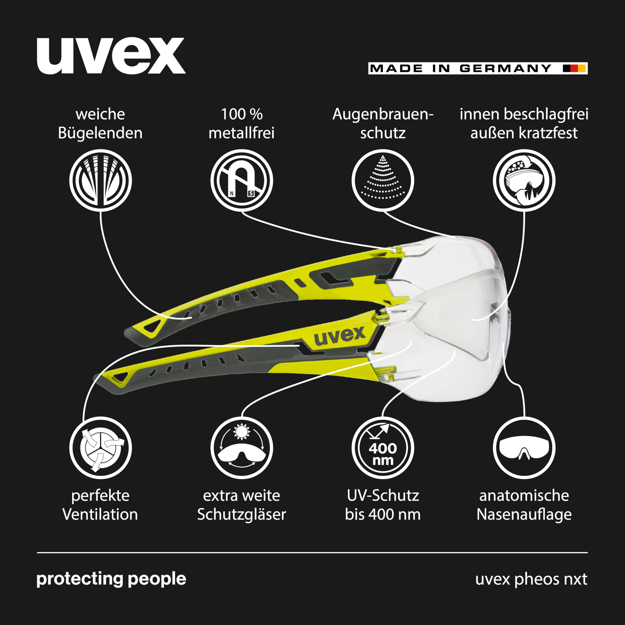 Uvex pheos nxt Lunettes de protection de qualité supérieure - Intérieur anti-buée - Extérieur extrêmement résistant aux rayures et aux produits chimiques