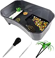 PINVNBY Tanque de tartaruga de plástico para répteis habitat para animais de estimação, terrários, tartarugas, aquário, terraço, topper com plataforma, durável, seguro, não tóxico (preto)