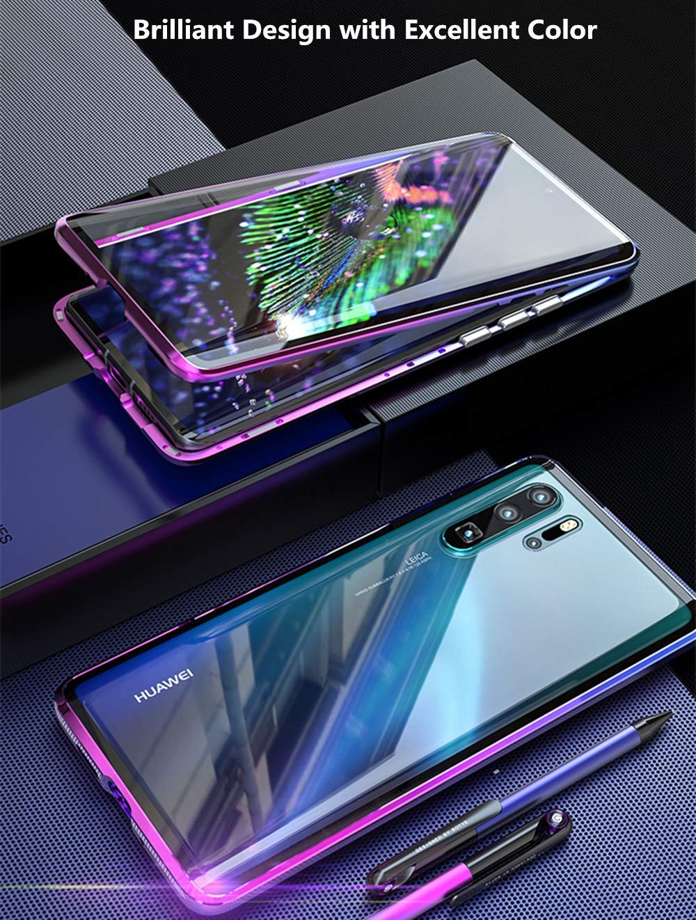Hkess Custodia per Huawei P30 Cover Magnetica Adsorbimento Tecnologia 360 Gradi Protezione Bumper in Metallo Ultra Sottile Cassa Schermo Intero Prima e Dopo Trasparente Vetro Temperato Flip Case