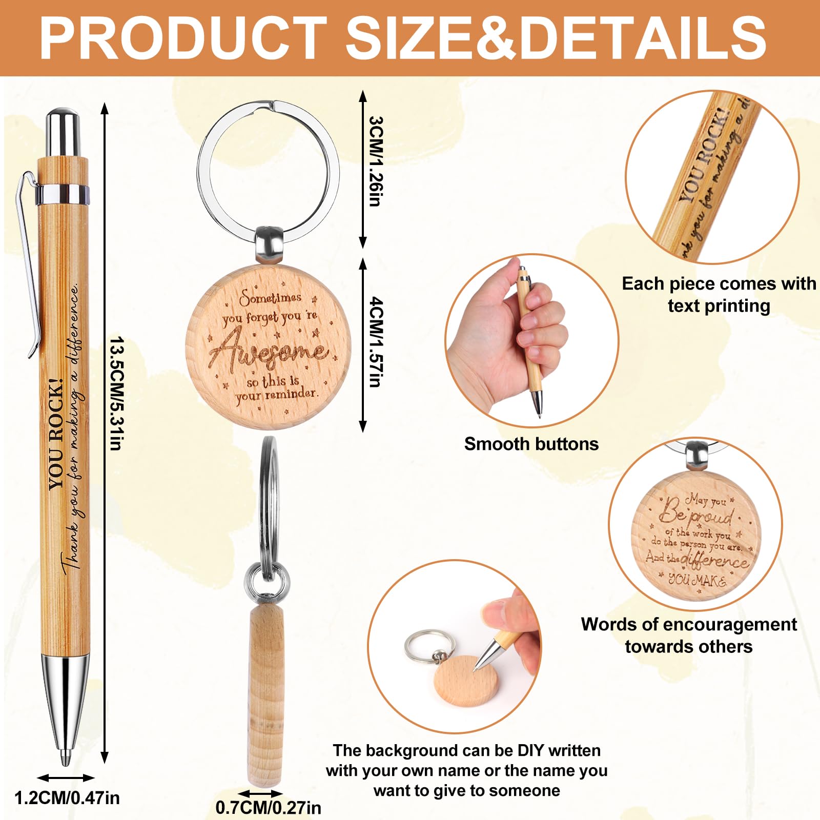 HAOWANWW 45Pcs Inspirational Employee Appreciation Gifts Bulk Thank You Notebooks Thanks You Ballpoint Pens Wooden Inspirational Keyring Thank You Gifts for Friends Colleagues Teacher Women Men - Image 3