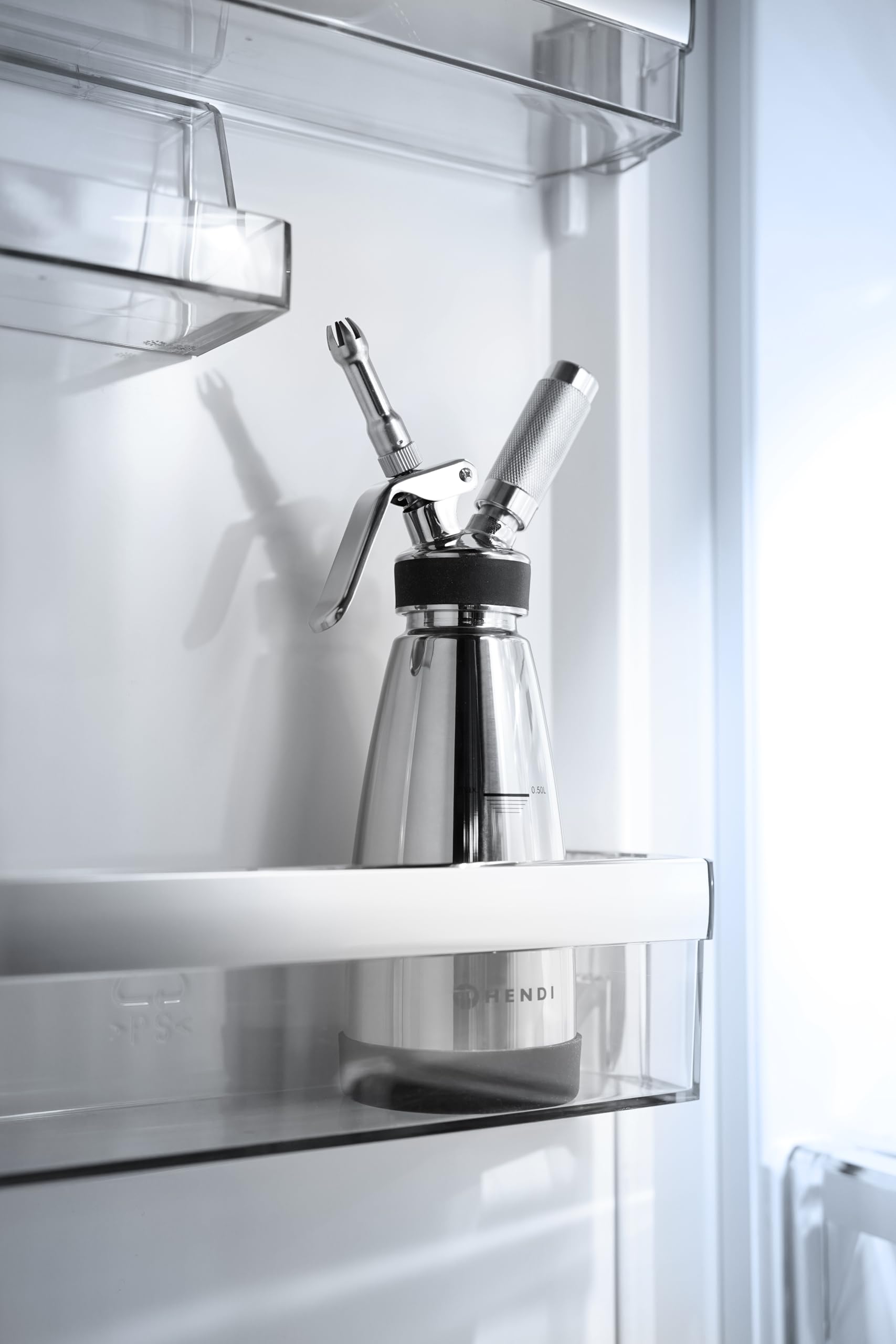 HENDI Sifone da cucina a doppia parete – 0,5L – Per panna montata, mousse, salse calde e fredde – 3 beccucci, spazzolino per la pulizia – ø95x(H)275mm – Acciaio inox