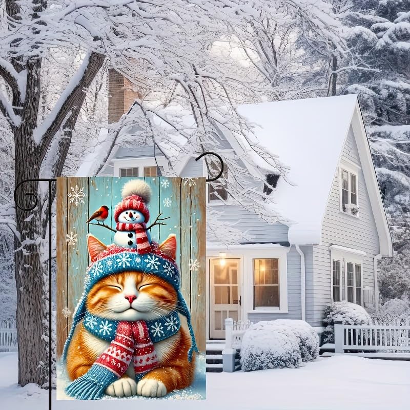 Image of BlissYard Garden Flag Snowman Cat Red Hat Winter 12x18 Inch Polyester