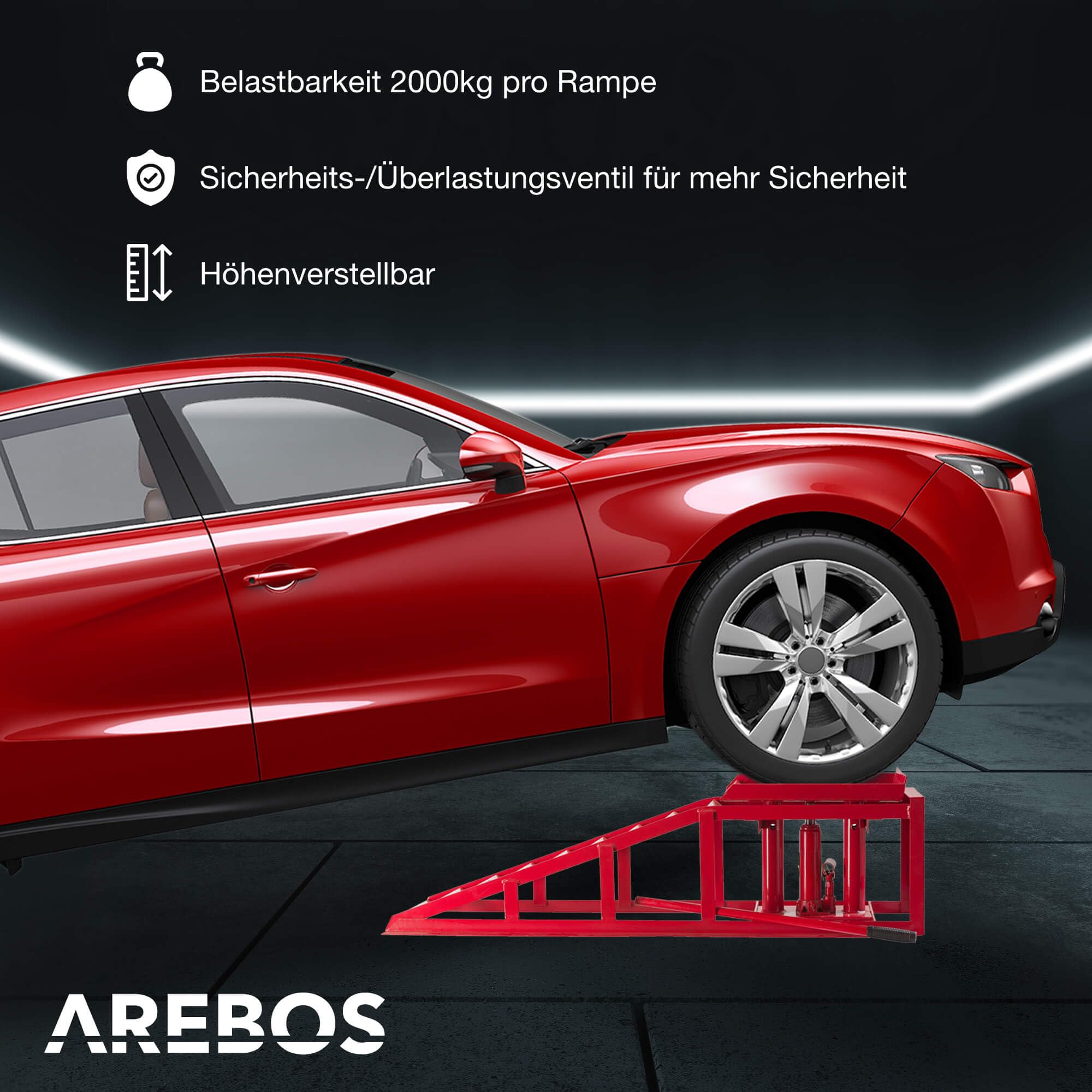 Arebos 2X Auffahrrampe mit hydraulischem Wagenheber | XXL PKW Hebebühne KFZ Rampe 257 mm Auffahrbreite | Auffahrbock Hebeplattform mit Sicherheits-/ Überdruckventil | Höhenverstellbar 2 T | Rot