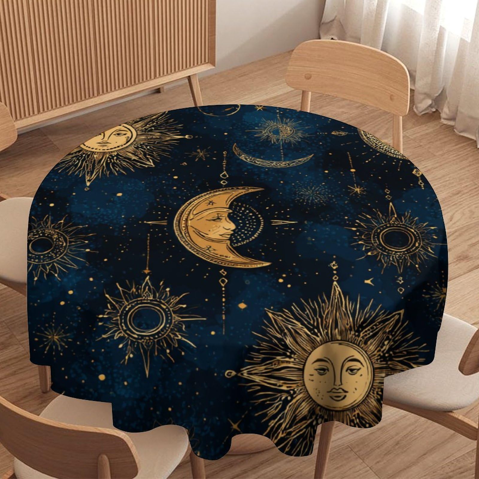 LUYYSKY Classic Aesthetic Moon Sun Waterproof Round Tablecloth Modern Art Constellation Galaxy Blue Gold Pattern Washable Table Cover for Kitchen-152.4" Wx152.4 L cm