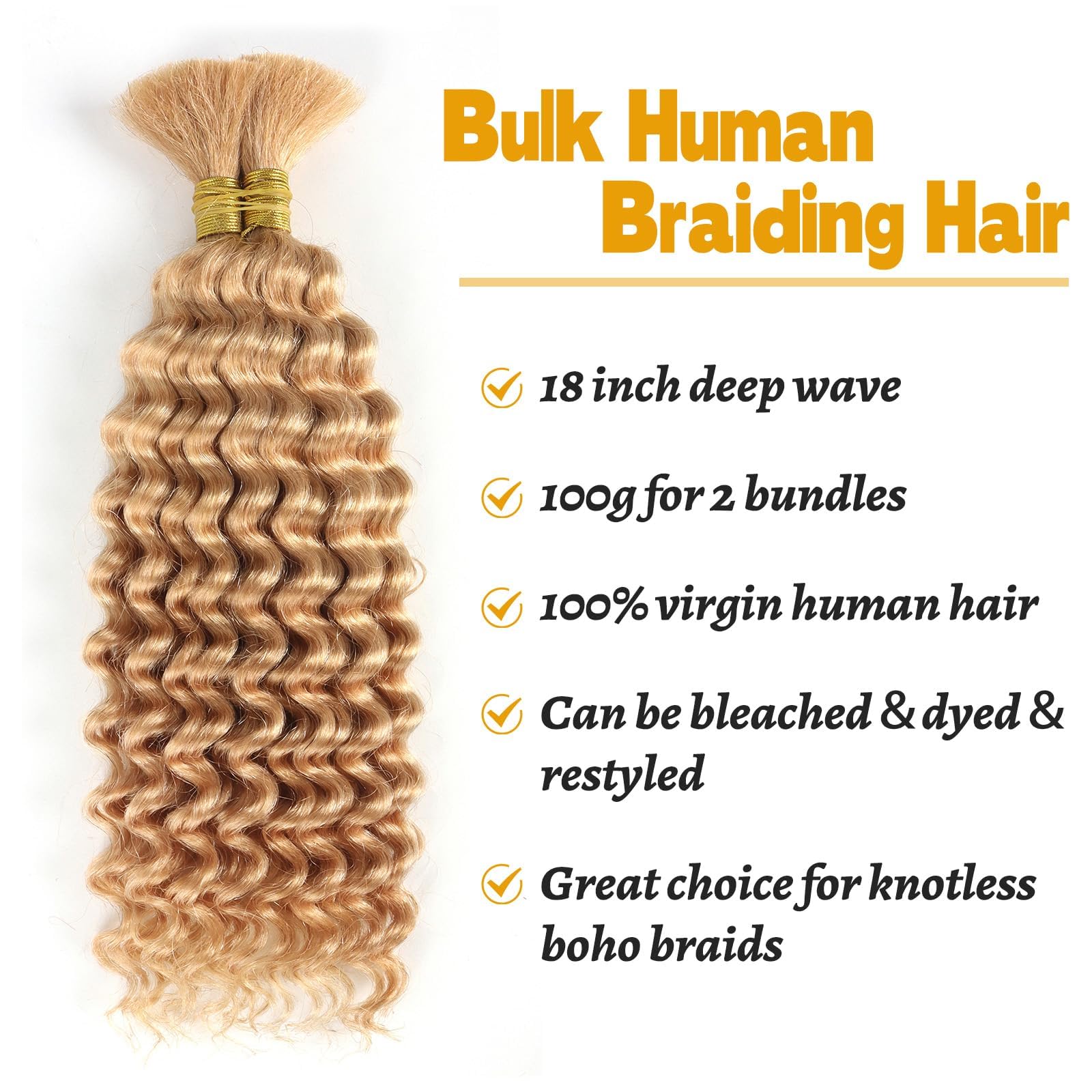 Ainimiu Hair Human Braiding Hair for Boho Braids Human Hair Braiding Hair 100g 18 Inch 27# Curly Boho Hair for Braiding Knotless Deep Wave Bulk Human Hair for Braiding Bohemian - Image 2