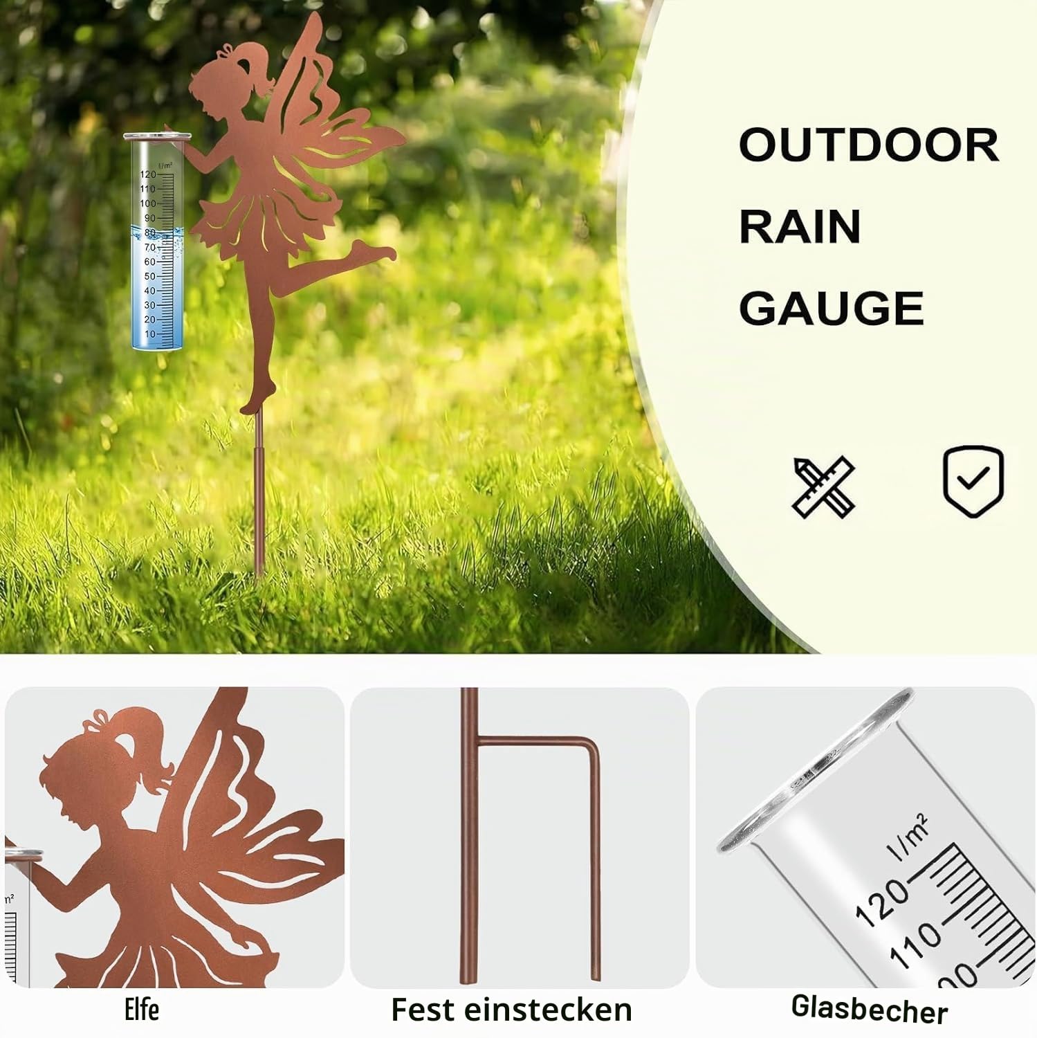 Regenmesser für Garten Niederschlagsmesser, Gartenstecker Elfe stehend Gartendeko 110cm mit stab, Regenwassermessung Rain Gauge Outdoor für Hof,Rasenweg,Durchgang,Terrasse