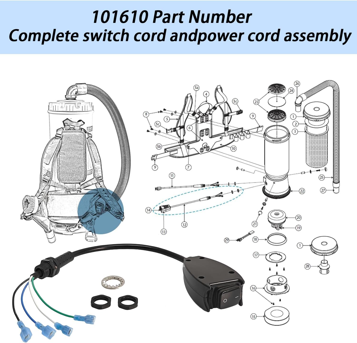 Compatible with ProTeam 101610 switch cable assembly replacement, suitable for ProTeam backpack vacuum cleaner vacuum parts, including black washers and nuts