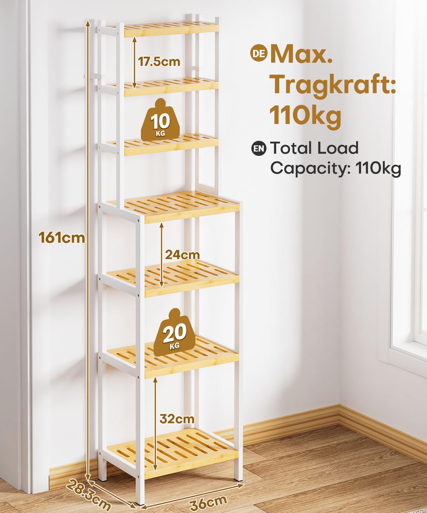 Yorbay Estantería de bambú de 7 niveles: estantería de cocina, estantería de baño, estantería, estantería de pie con bloqueo antivuelco para baño, cocina, salón, dormitorio, balcón, pasillo, color