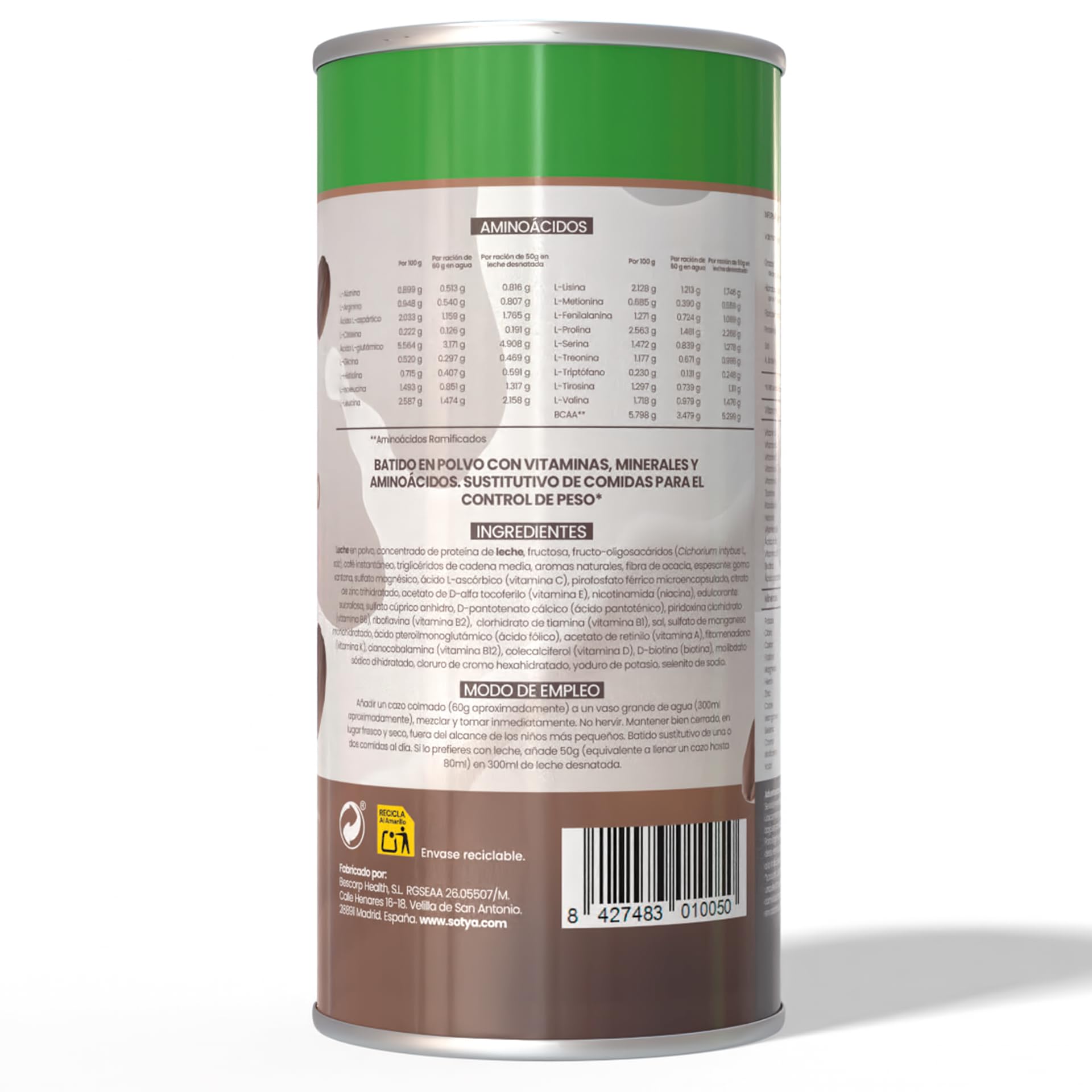 Batido Sustitutivo Capuchino (600 g) Sustitutivo de Comida en Polvo para Control de Peso, con Proteínas, Fibra, Vitaminas, Minerales y Café Instantáneo