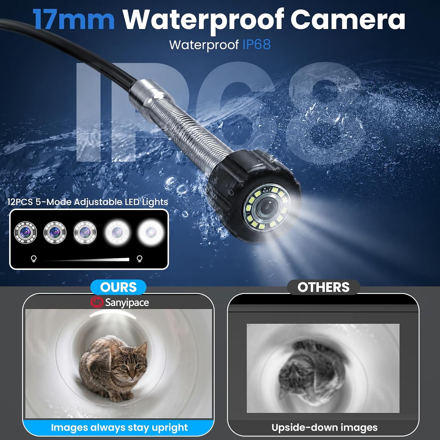 Sanyipace Inspection Camera with 512Hz Transmitter, Self-Leveling,7MM/66FT