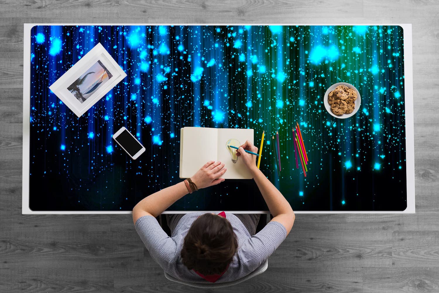 Decormat 120x60cm Sottomano da scrivania Protezione per tavolo per mouse Grande - Particelle blu