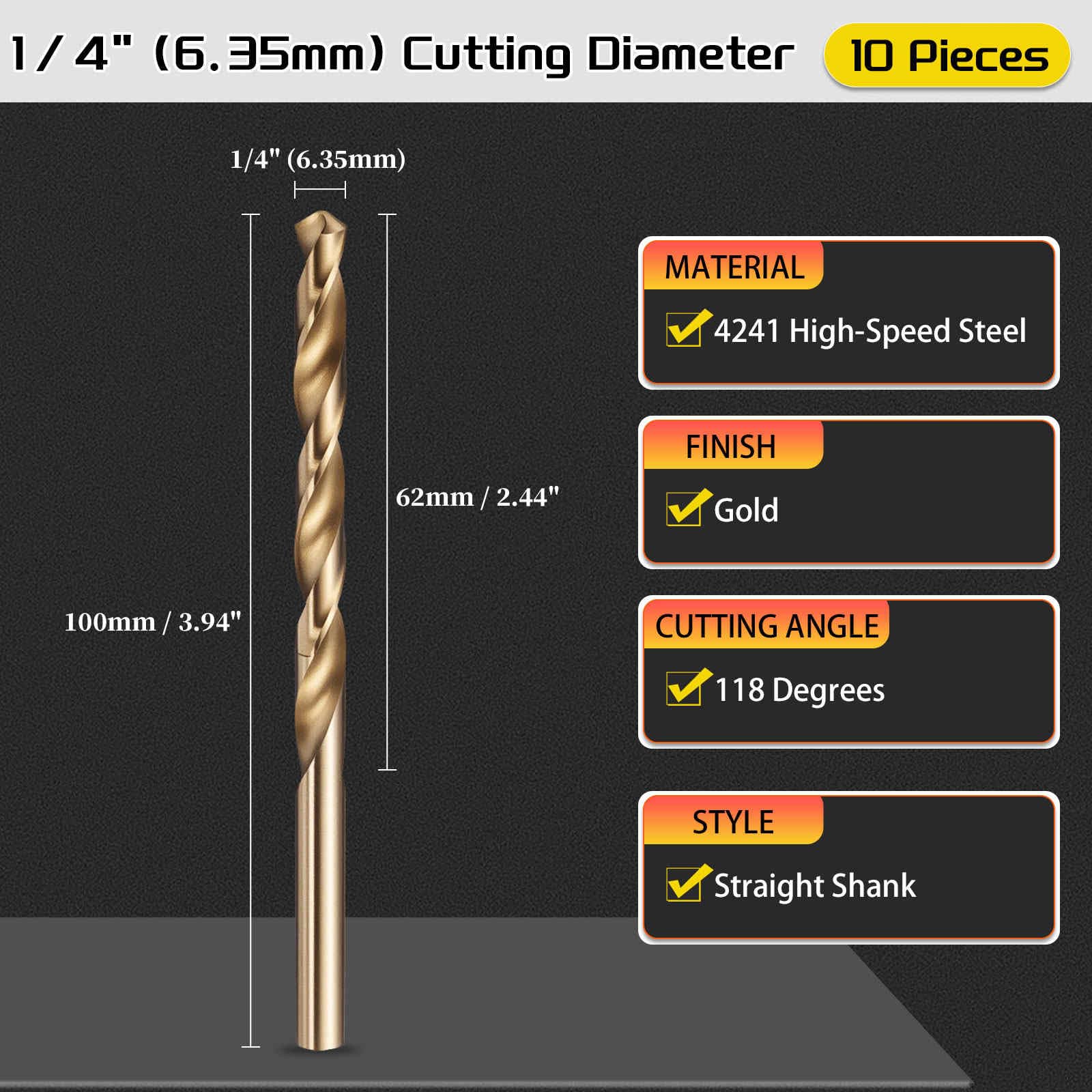 CoCud 6.4mm Drill Bit, 1/4" Cutting Diameter, 4241 HSS Gold 118° Cutting Angle Versatile Jobber Bits - Image 2