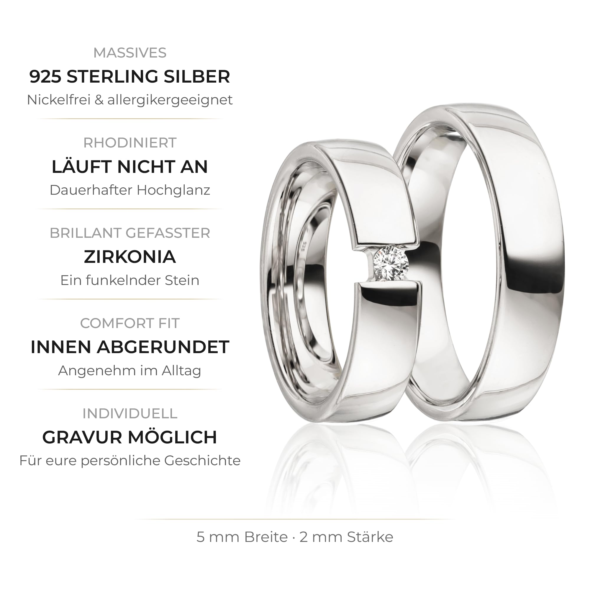 Kolibri Rings - Freundschaftsringe Silber 925 Paarpreis Spannring-Optik Massiv Nickelfrei Zirkonia Stein Trauringe Eheringe Partnerringe 100% Made in Germany- Inkl. Gratis Etui + Gravur