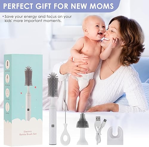 Miniatura 7 de Juego de cepillos eléctricos para botellas con cepillo de silicona para botellas, cepillo para pezones, limpiador de pajitas, recargable por USB,
