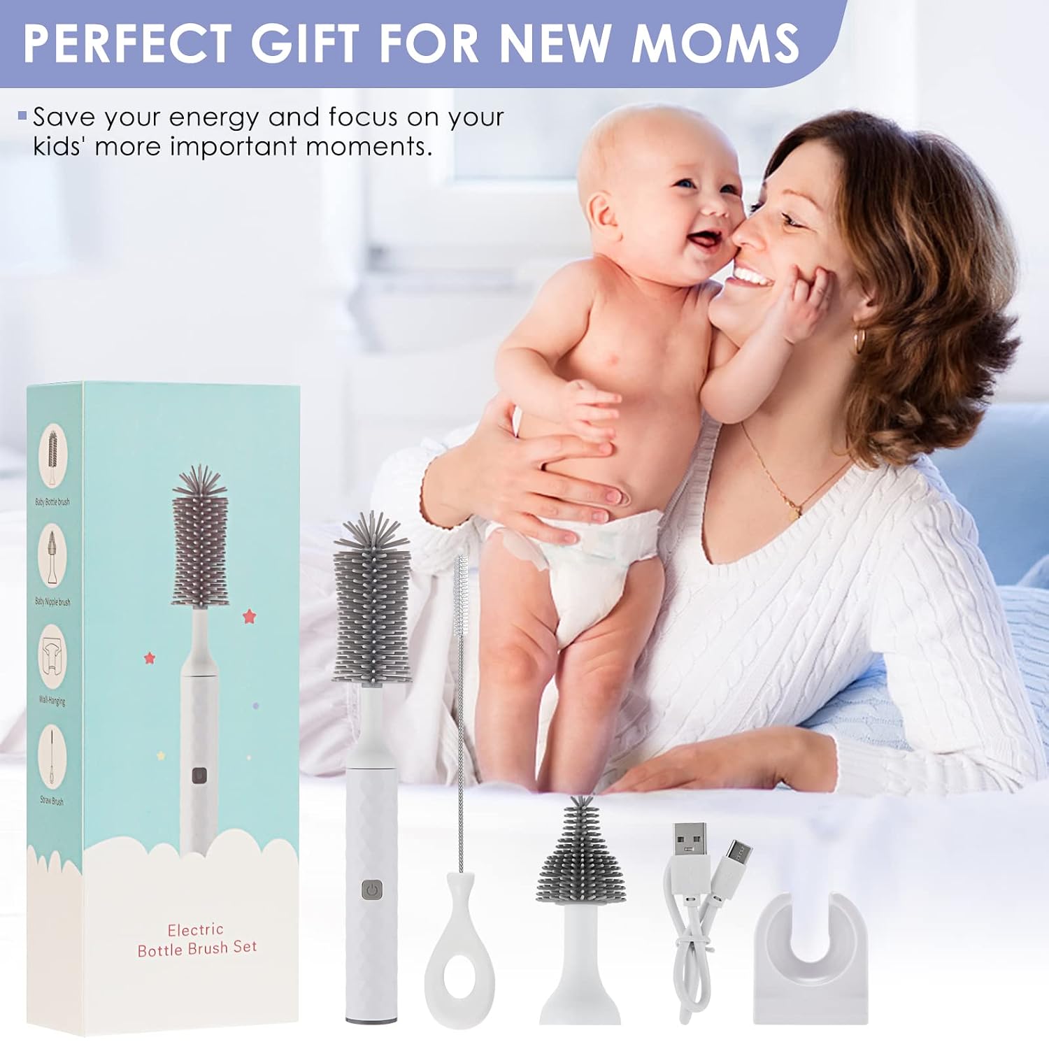 Bottle Brush Cleaner Electric with Electric Brush,Silicone Baby Bottle/Nipple Brush Replacement,Straw Cleaner Brush, Wall Mount,Rechargeable&Waterproof Water Bottle Cleaner Brush, White