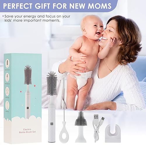 Miniatura 7 de soarup90000 Limpiador de cepillo eléctrico para botellas con cepillo eléctrico, repuesto de cepillo de silicona para biberónpezón, cepillo limpiador