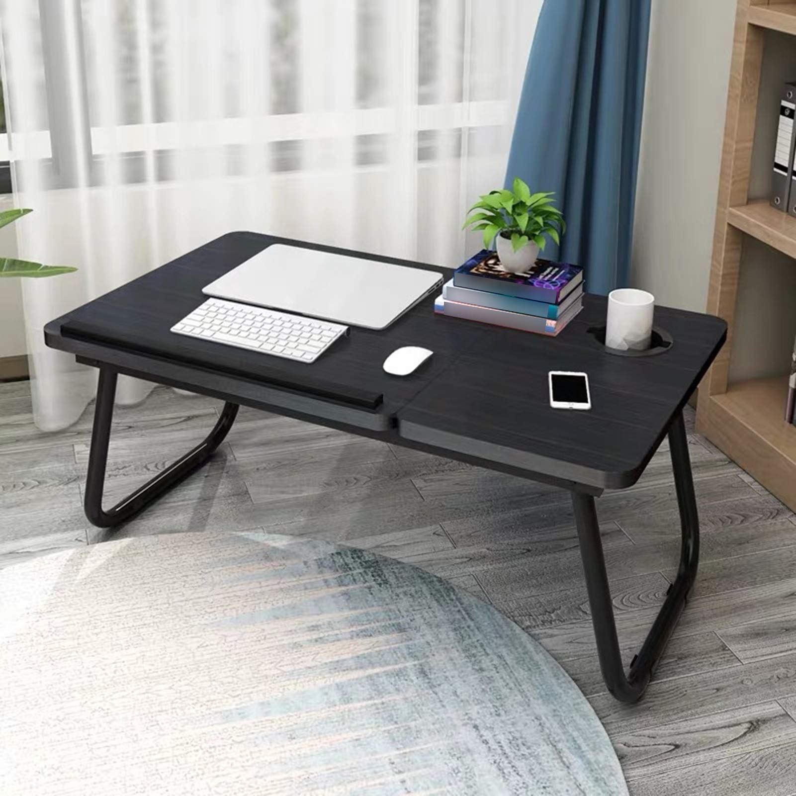 RENRUIRUI- Tavolo Pieghevole da Letto Laptop da Casa Piccola E Compatta per Dormitorio per Studenti con Portabicchieri E Ripiano Inclinabile (Color : Black)