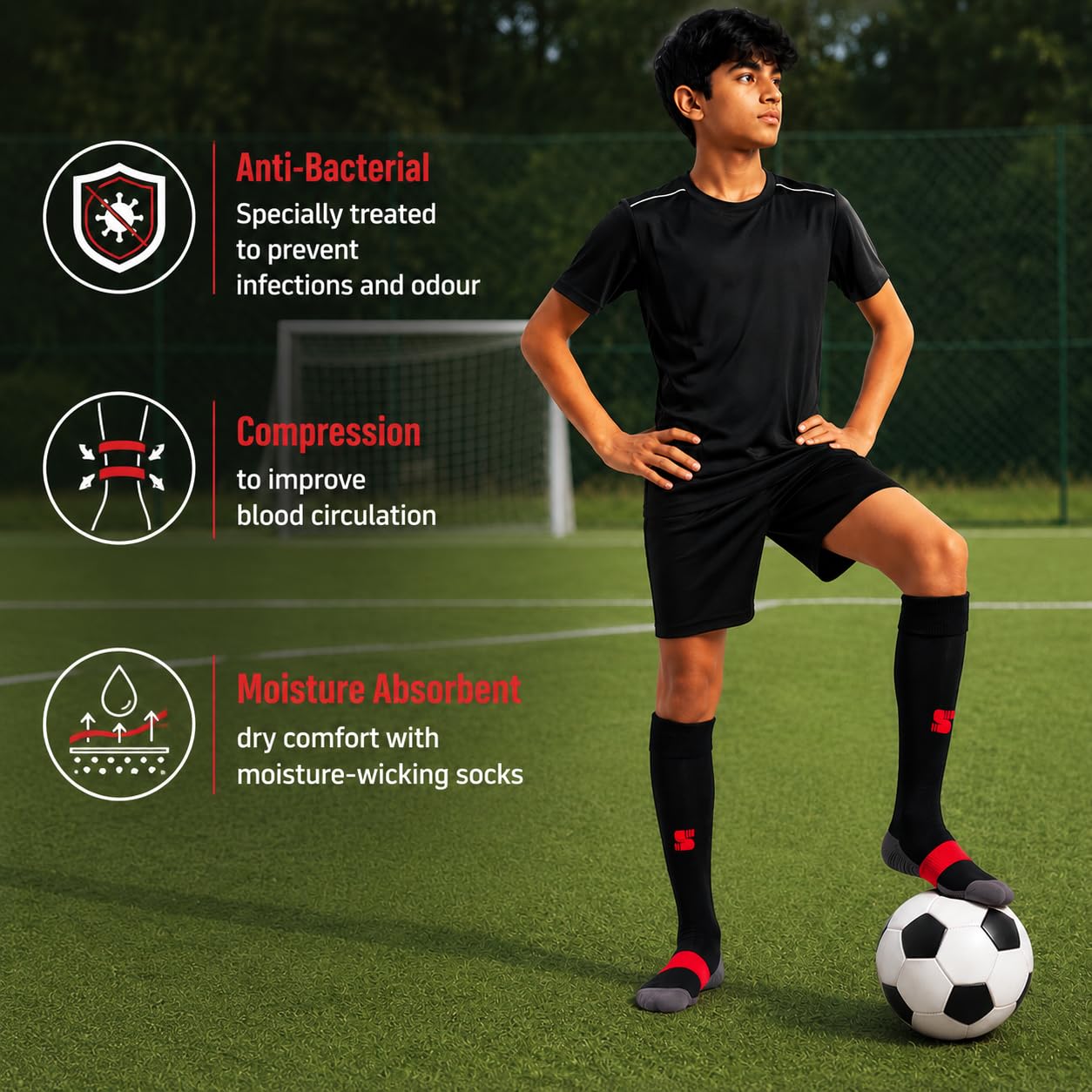 Supersox Unisex Kids Football Socks | Knee Length | Cushioned Sole | Odour Free & Superior Grip | Sports Socks for Football & Soccer | Navy, Black | 10 to 14 Years | Pack of 2 1
