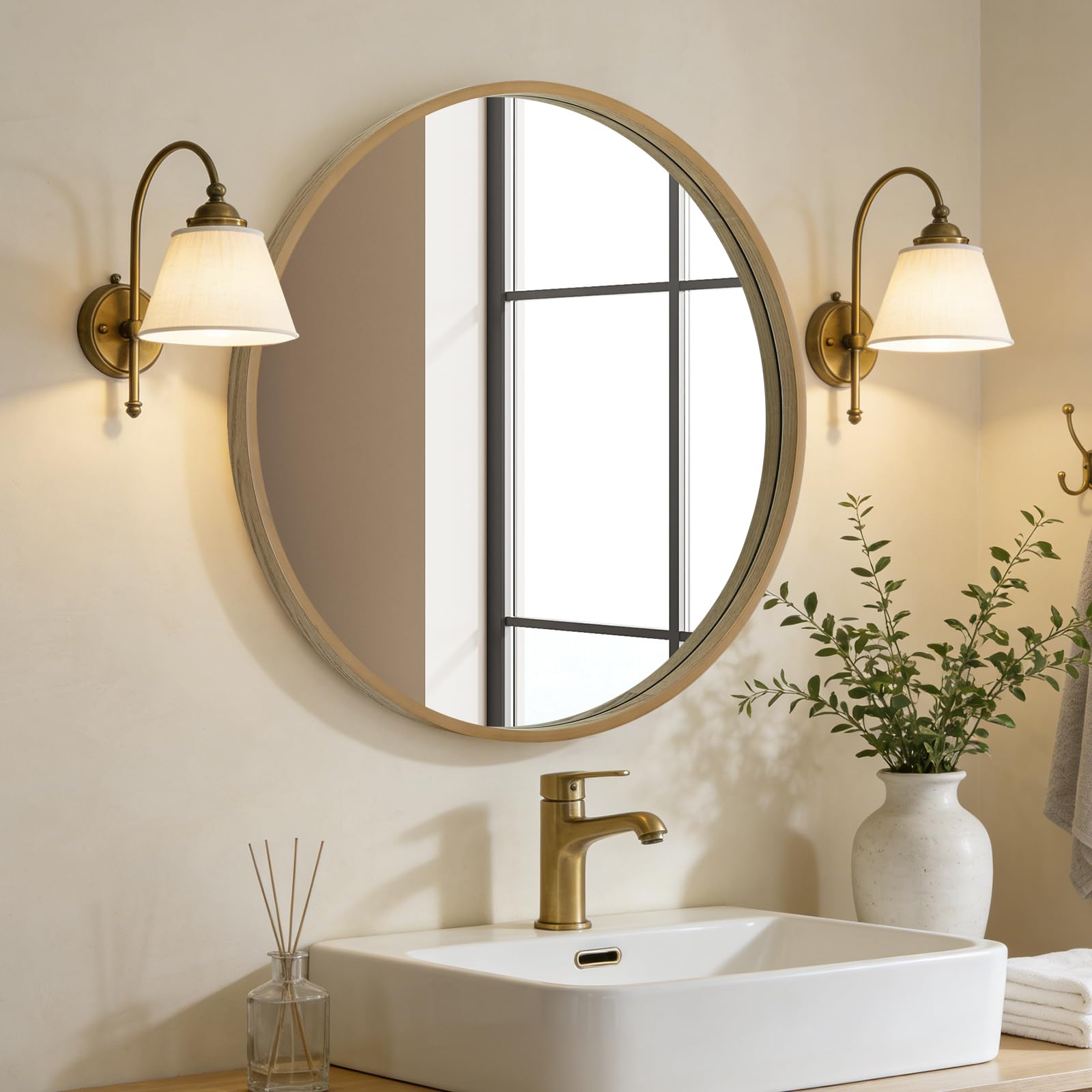 WallBeyond Specchi rotondi per decorazione da parete, specchio decorativo con perline incorniciate, decorazione per la casa, ingresso, soggiorno, camera da letto, 61 cm, naturale