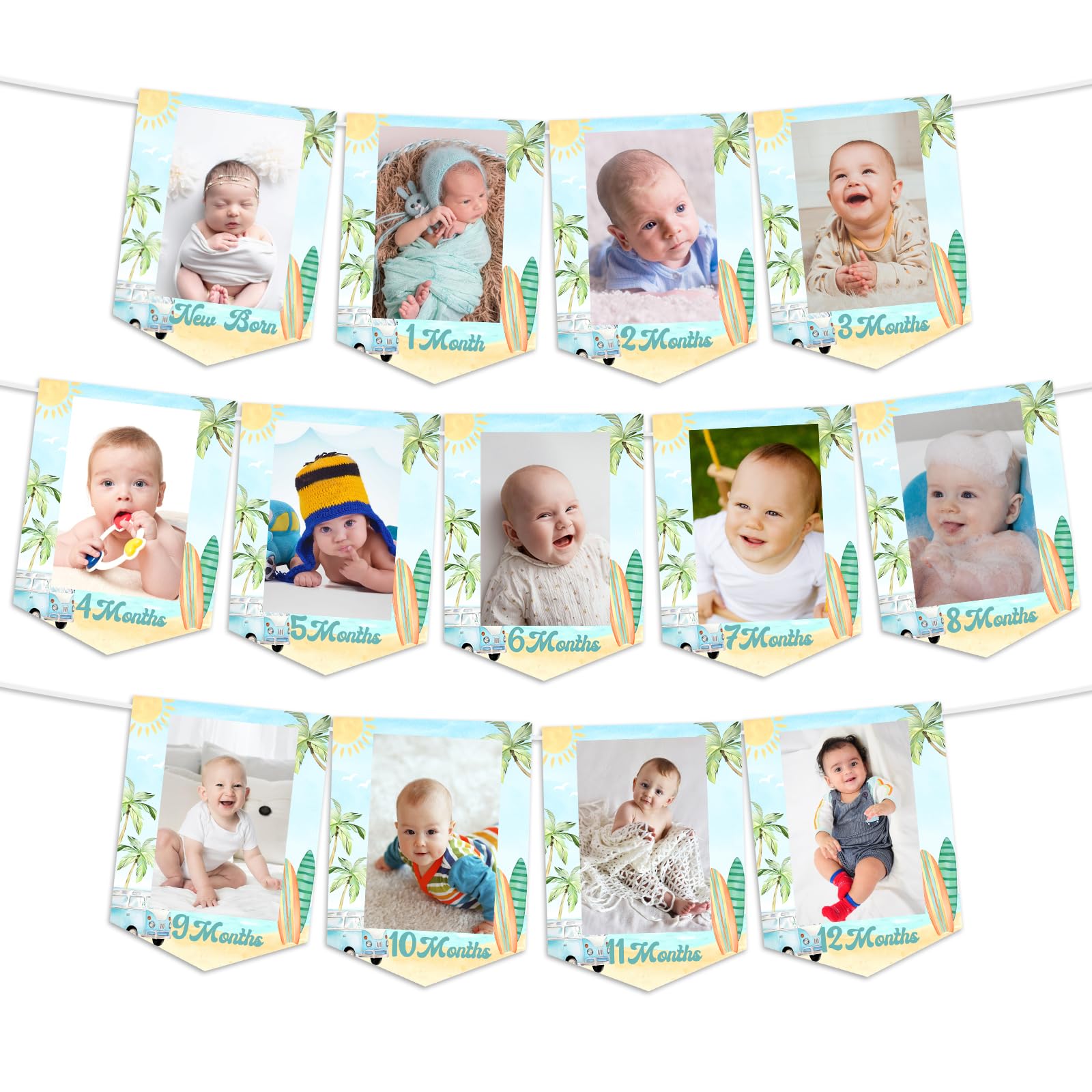 Fangleland Surfing 1st Birthday Photo Banner – 13 Monthly Milestone Cards With Adhesive Dots
