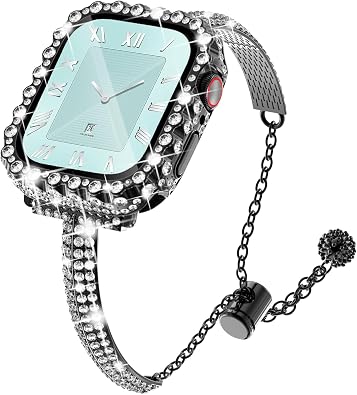 NewWays for Apple Watch Band 40mm 41mm 44mm 45mm 42mm 46mm Series 10 with Bling Case for Women, Jewelry Replacement Metal Strap with Bling Protective Case for iWatch