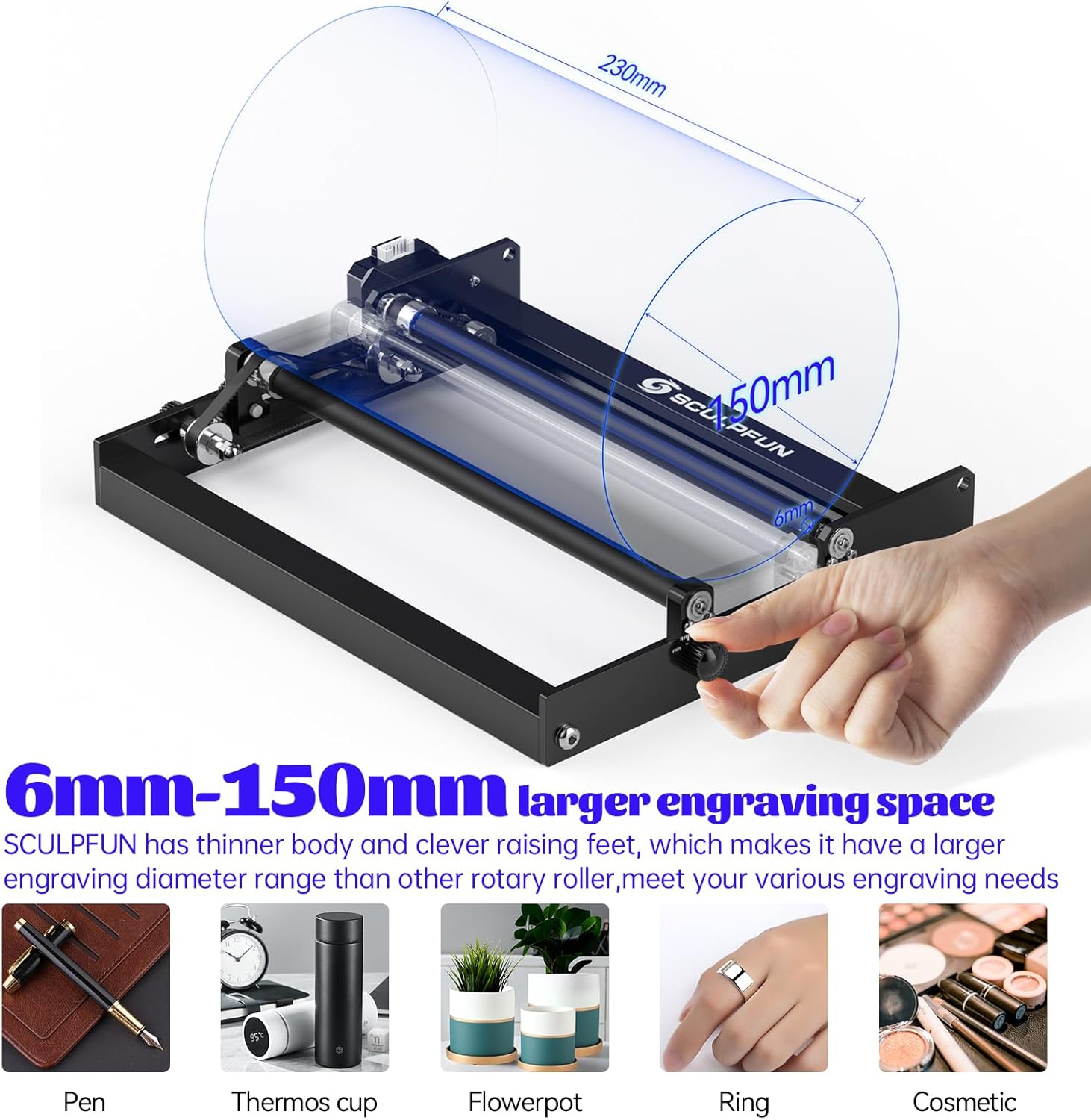 SCULPFUN Rotary Roller, Y-axis Rotary Roller for Laser Engraver Cutter Engraving Cylindrical Objects and Cans with 360°Rotating and 4 Height raisers, Support Diameter 6-150mm