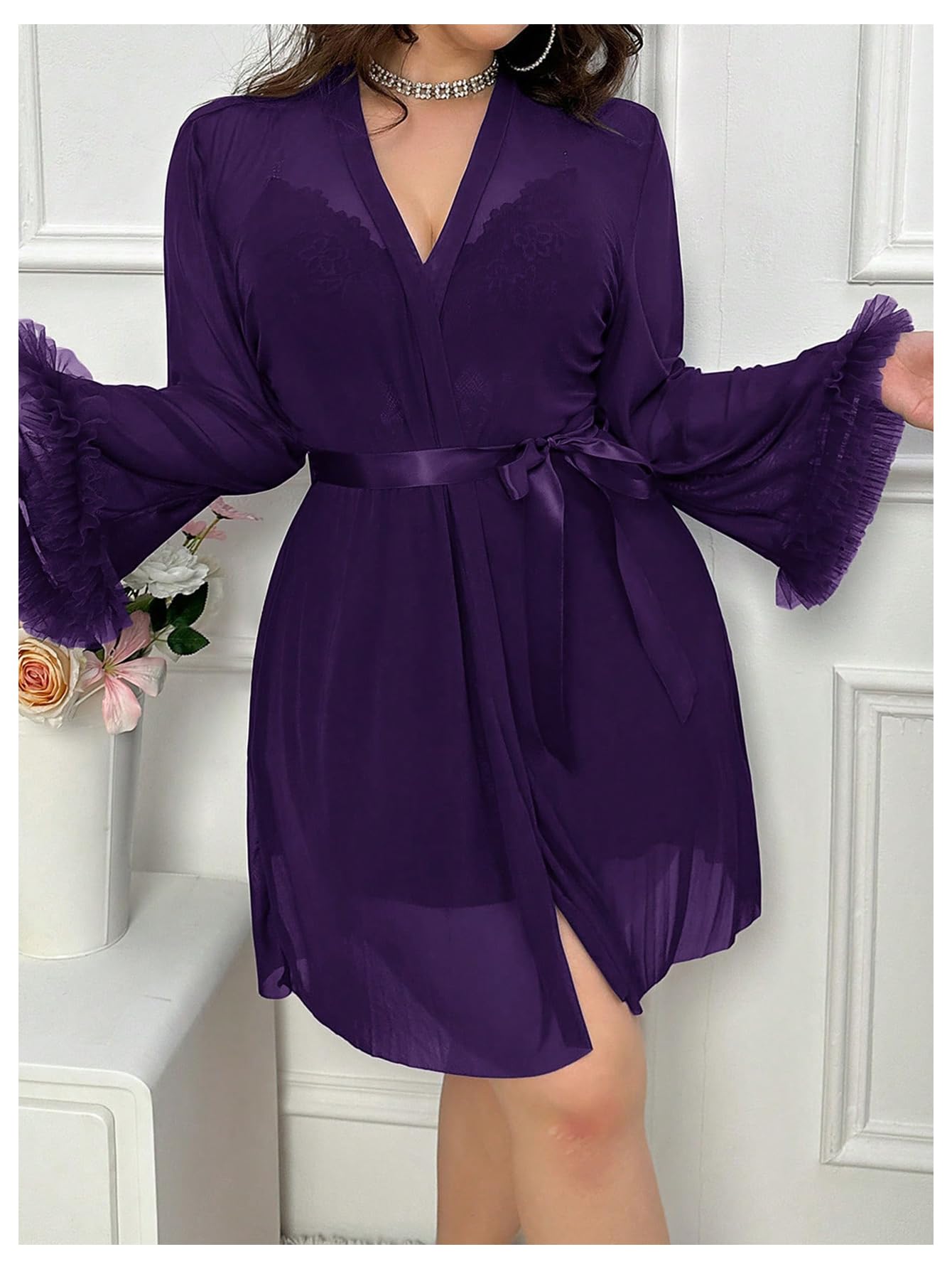 OYOANGLE Women's Plus Size 2 Piece Lace Sheer Chemise Nightgown with Long Sleeve Robe Set Nightwear: 4X-Large Plus Purple