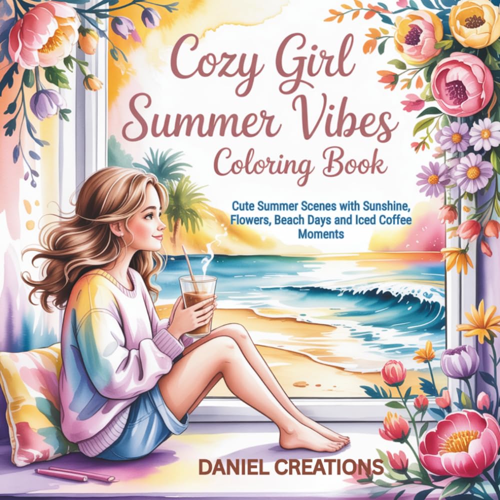 Cozy Girl Summer Vibes Coloring Book: Cute Summer Scenes with Sunshine, Flowers, Beach Days and Iced Coffee Moments
