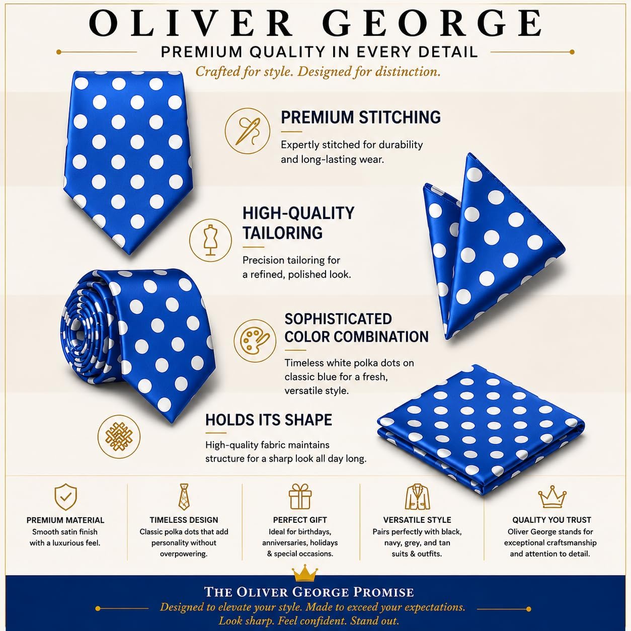 Oliver George Men’s Polka Dot Necktie & Pocket Square Handkerchief Set Casual Business Formal Ties for Suit or Tuxedo