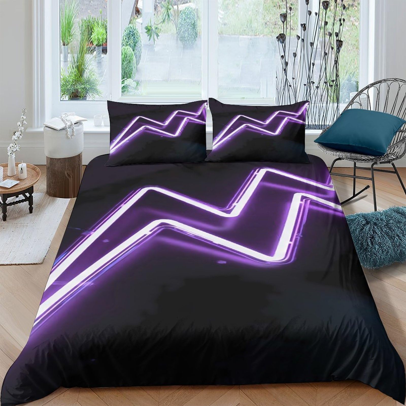 Ctjqhvkz Style-2 3D Printed Neon Lightning Fitted Sheet Microfiber Purple Stripe Bed Cover For Bedroom Dorm Mattress Protection Decor Single（135X200cm）