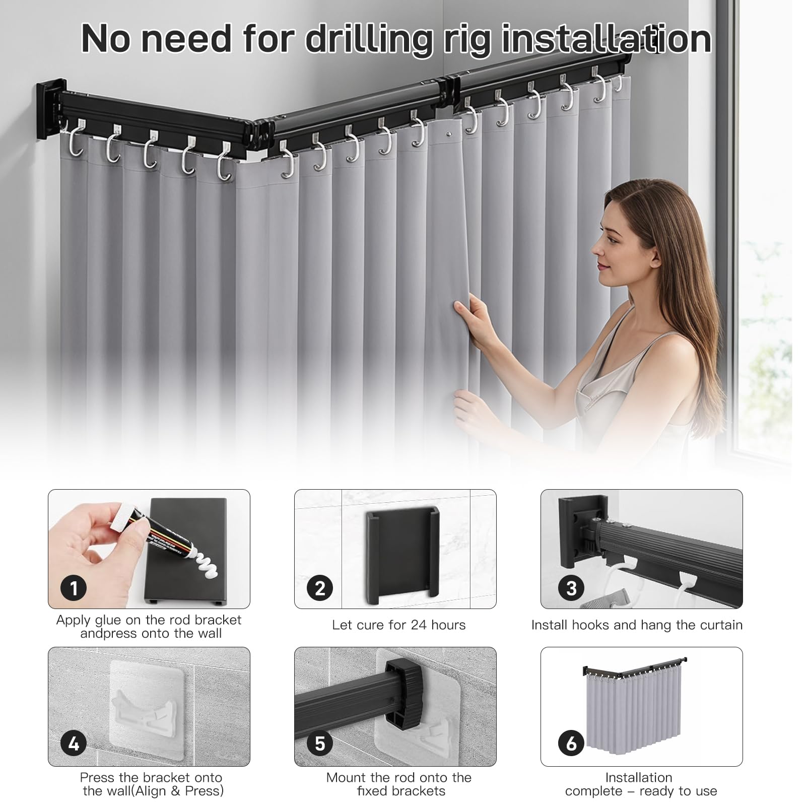 Asta per tenda da doccia, a forma di L/U, pieghevole, 3 pieghe, colla e foratura, angolo regolabile, con colla di montaggio, montaggio a vite, impermeabile, per bagno, camper, ospiti WC