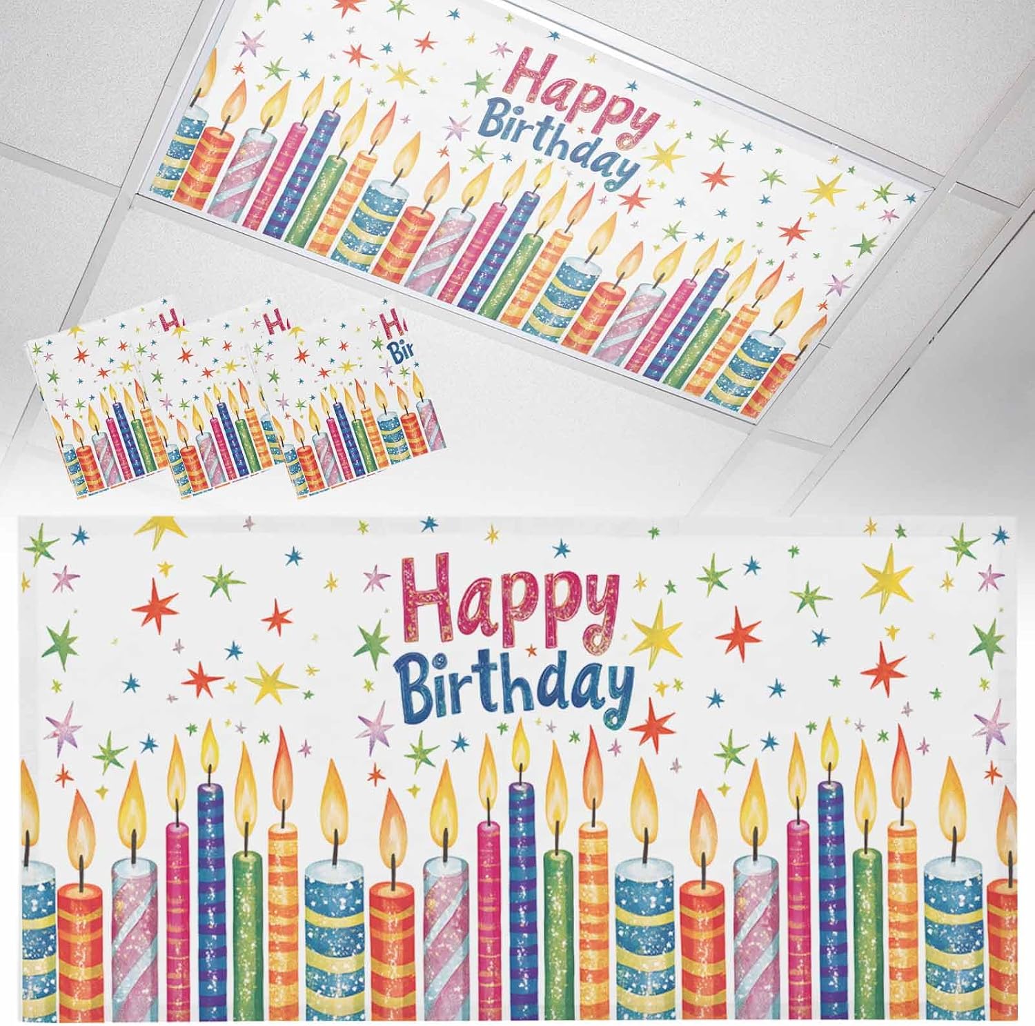 Happy Birthday Fluorescent Light Covers for Ceiling Lights Magnetic Light Covers for Classroom Colorful Candle Stars Lights Filters 4x2 Ft Drop Shade Panel for Office Home School 3 Pack