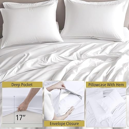 Miniatura 5 de Marina Shades Sábanas 100% de algodón egipcio para cama tamaño California King, color blanco, sábanas refrescantes para personas que duermen con