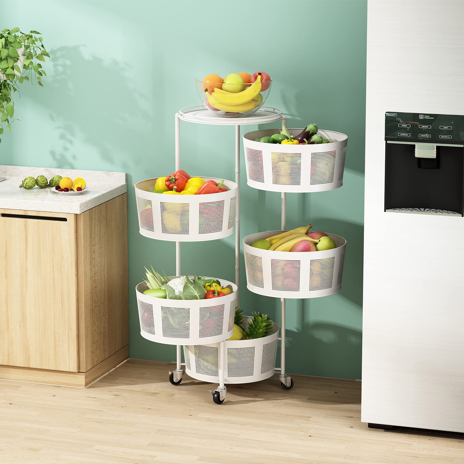 Upgrade Sun yoba 5-Layer Kitchen Rotating Metal Storage Basket, Hanging Storage Basket for Fruit and Vegetable, Storage Rack Shelf for Living Room, Bathroom, Household Storage