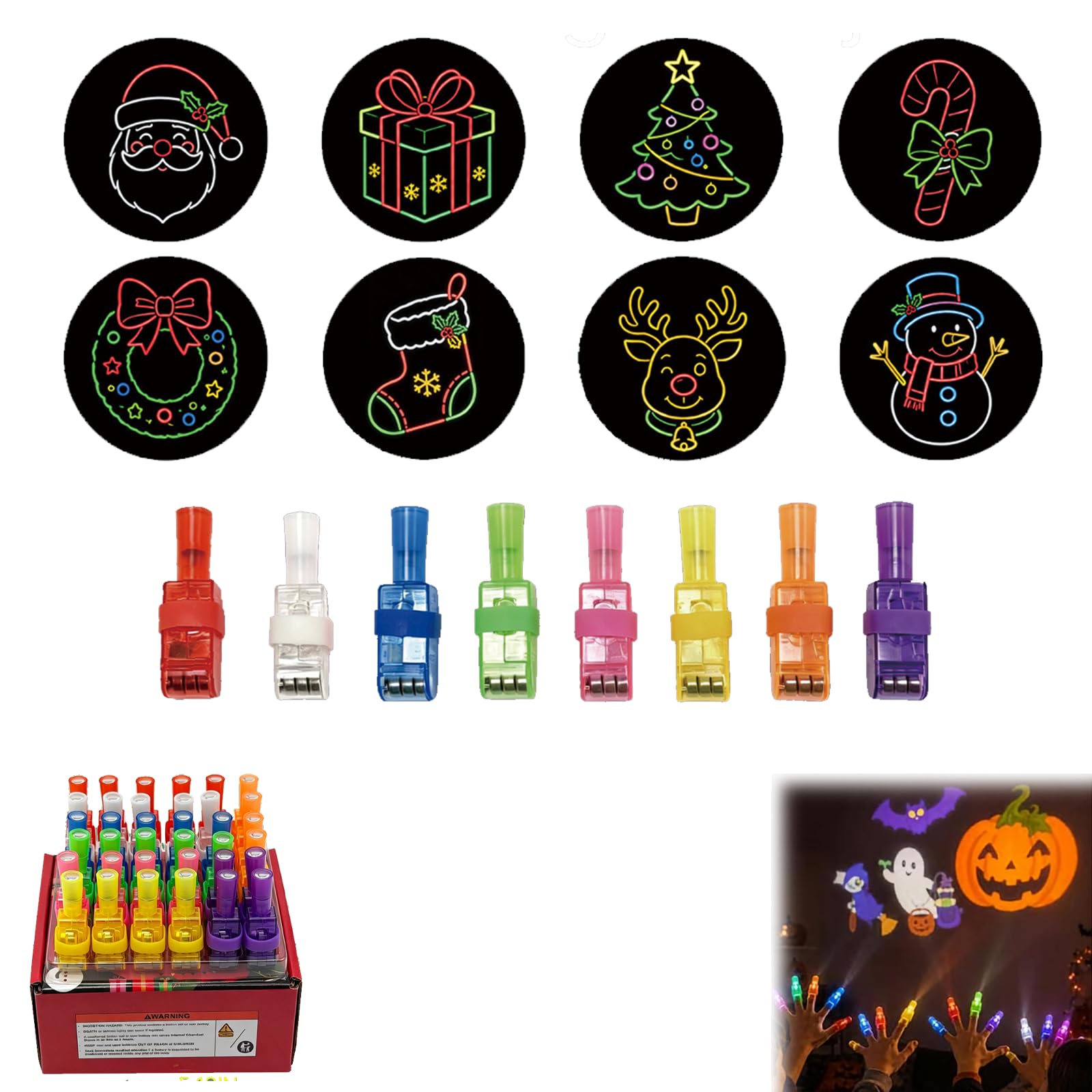 36 Pcs LED Finger Lights Toys – Glow in Dark Light Up Projector Fingers in Multiple Designs, Halloween & Christmas Party Bag Fillers, Goodie Bag Prizes, Classroom Rewards，Christmas,B
