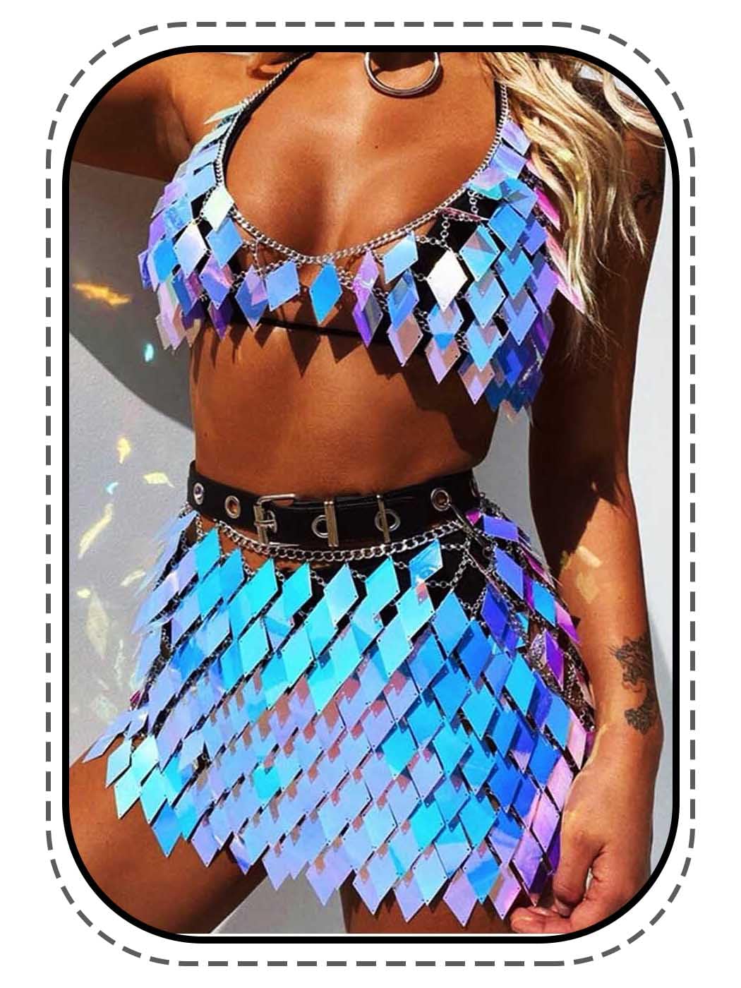 IYOU Pailletten Quaste Körperkette Outfits BH Rock Blau Bikini Rave Festival Party Strand Mode Clubkleidung Zubehör zum Damen(blau)