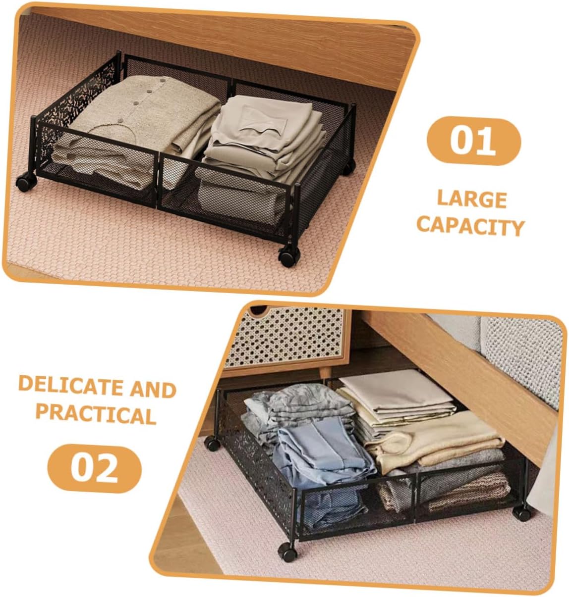 Bed Storage Organizer Drawers with Wheels Foldable Metal Storage Rack for Small Bedrooms Black Patterned Space Saving