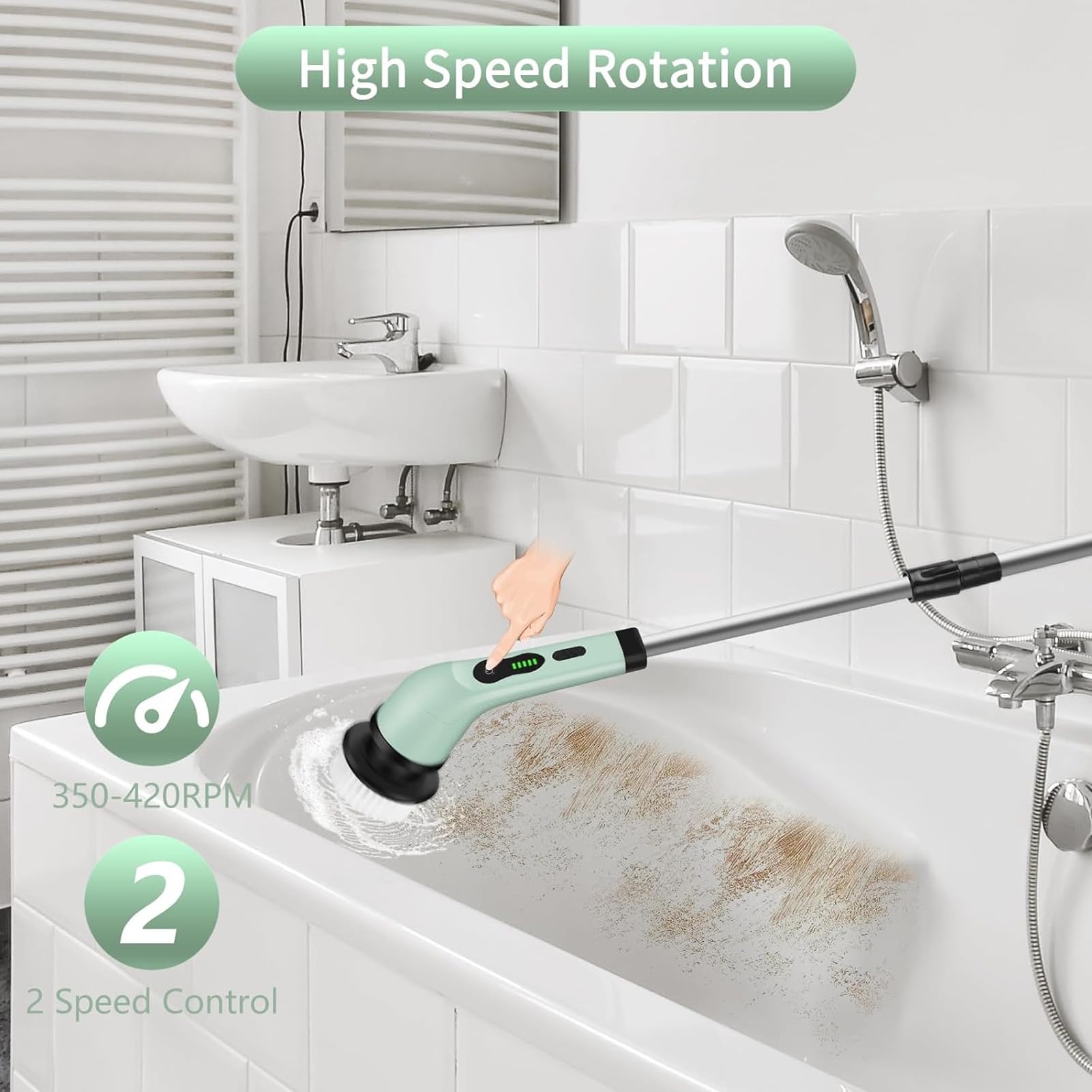 Mopa eléctrica para ventana, lavabo y bañera, limpiador para baño, cepillo de limpieza eléctrico inalámbrico con mango ajustable con 6 cabezales de repuesto
