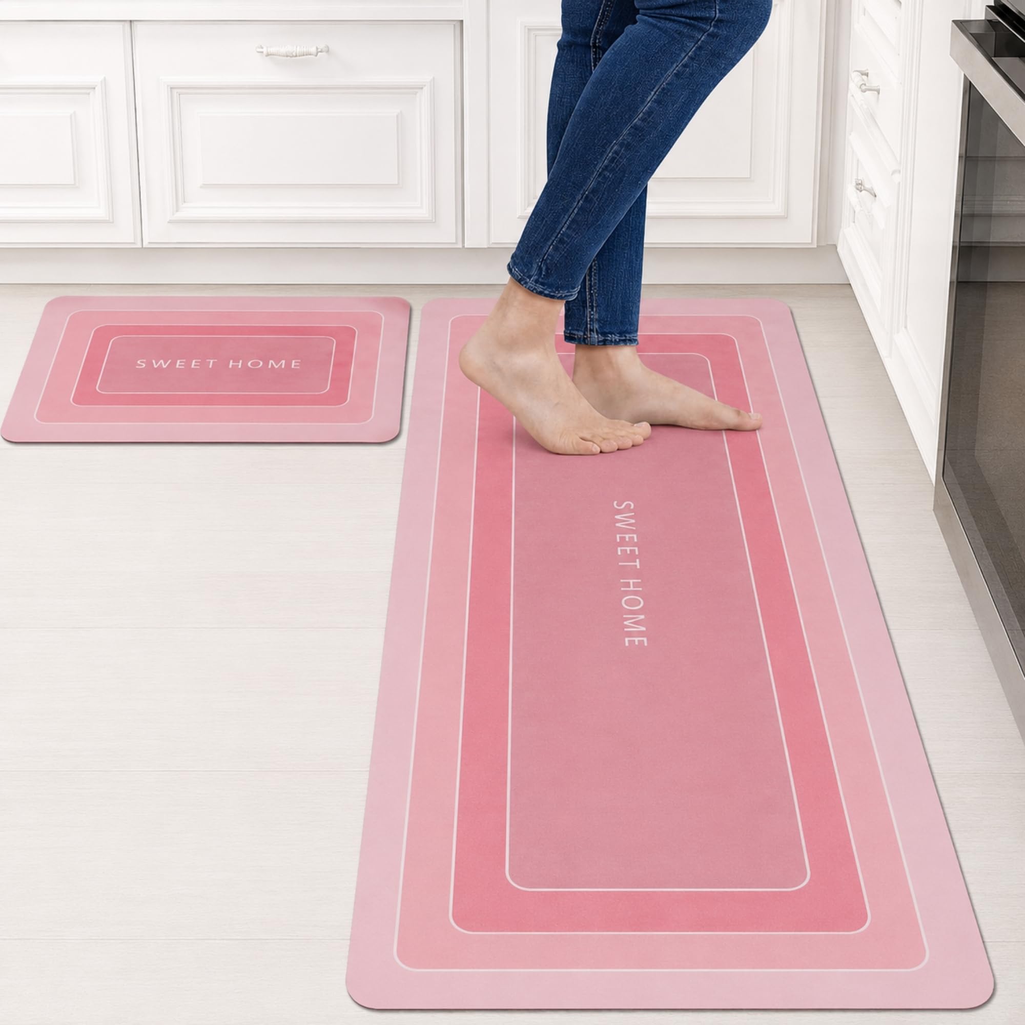Amazon Brand – Solimo Silicone Kitchen & Bath Mat (Pack of 2) | Pink | Anti-Fatigue Comfort Foam | Waterproof & Anti-Slip | 60 x 40 cm & 40 x 120 cm| Quick-Dry & Easy Clean