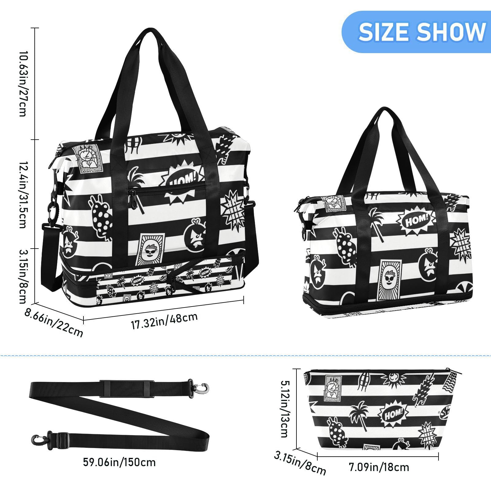 Reisetasche mit Nassfach, verstellbarer Riemen, für Trekking, multifunktional, für Damen und Herren, Schwarz / Weiß gestreift