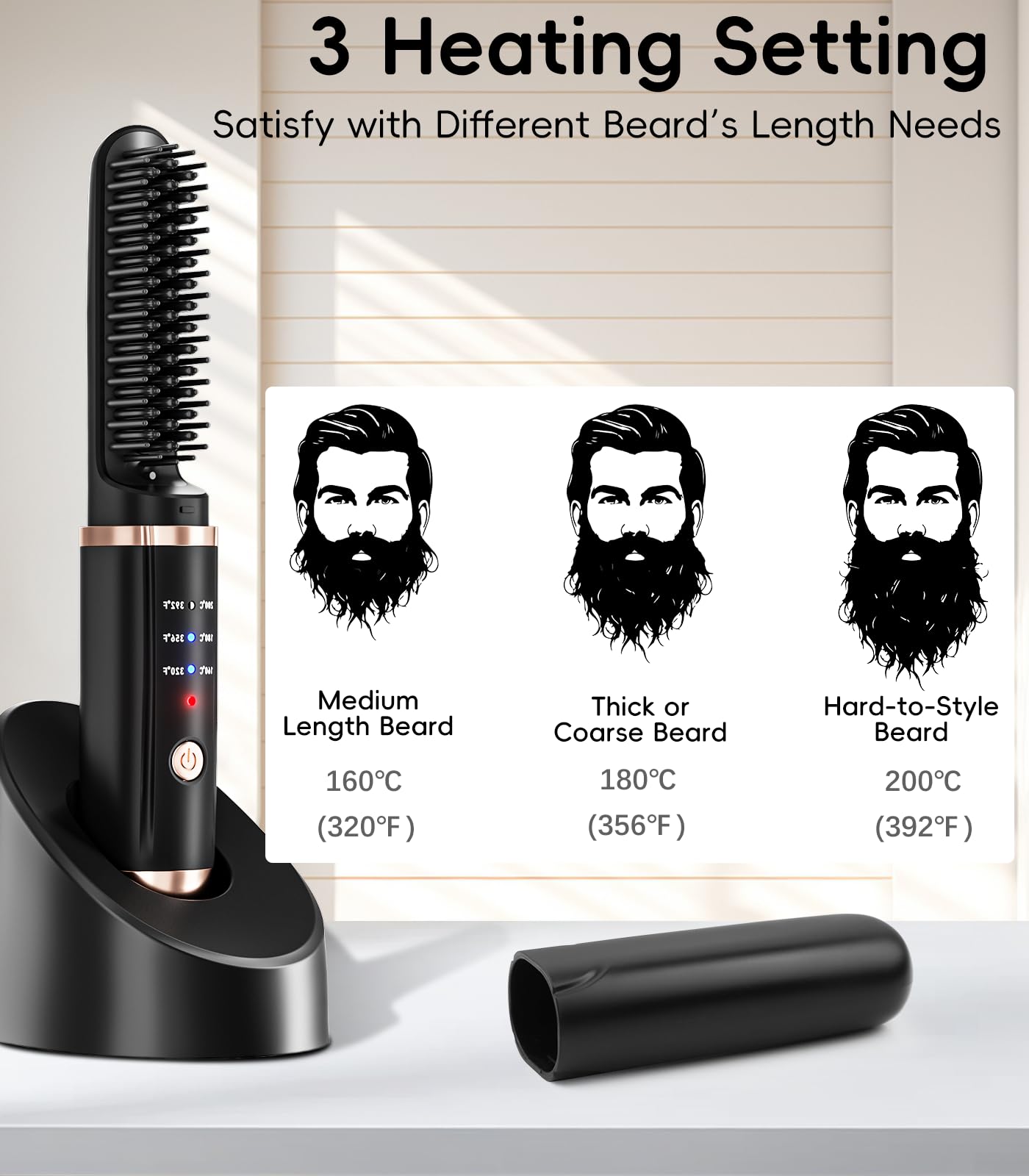 Cordless Beard Straightener for Men Travel 30s Quick Heat 5000mAh Rechargeable Beard Brush with 3 Temp. (max 200°) Anti-Scald - Image 2