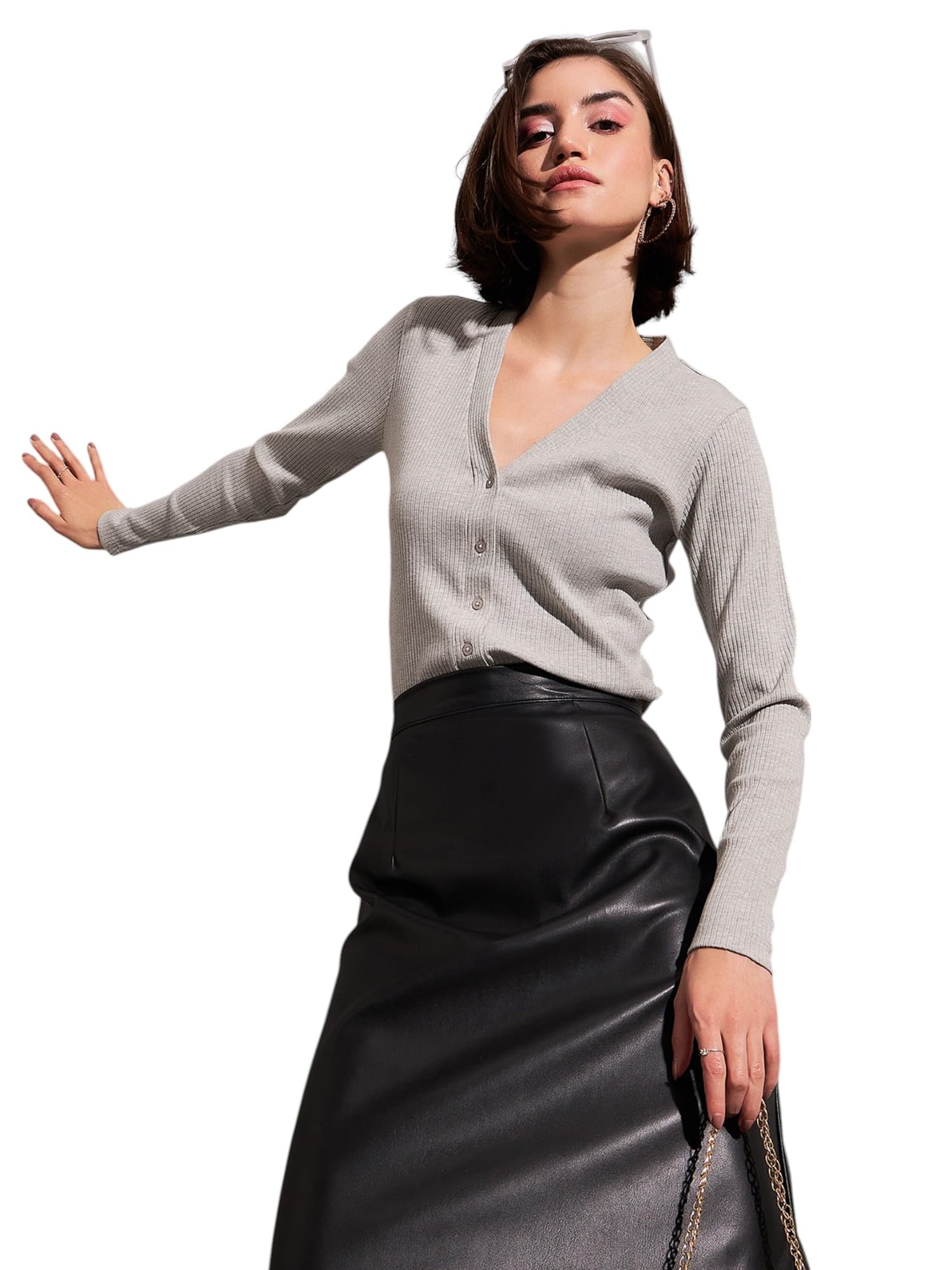 Grey Rib Front Open Cardigan Top