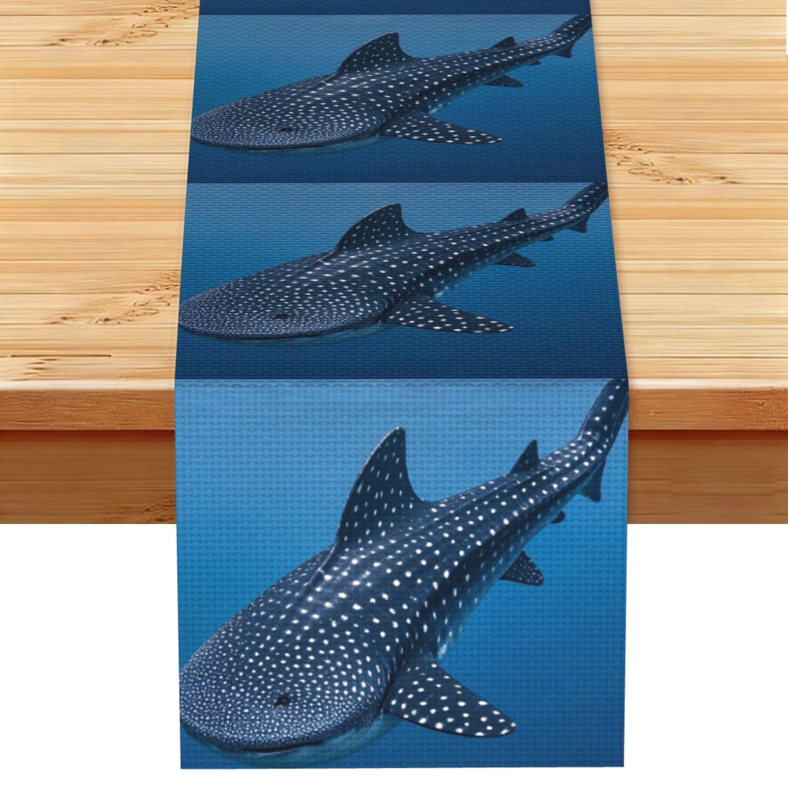 Variegated Whale Shark Navy Table Runner 13 x 72 Inches Long, Cotton Linen Table Runners for Kitchen Dining Table Decoration - Washable Tablecloth Modern Tablerunner for Home Party Decor